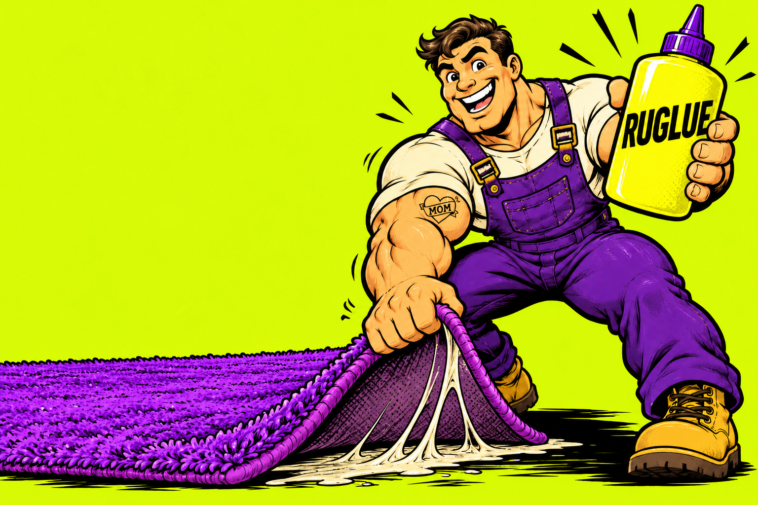 A huge cartoon muscle builder with a small MOM heart tattoo holds a RUGLUE bottle beside a rug glued firmly to the floor.